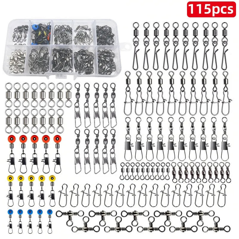 Boxed set of 115 fishing connector swivels with rotating sea bean design in plastic and stainless steel