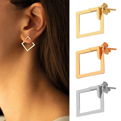 Women's titanium steel square geometric earrings in gold, steel, and rose gold