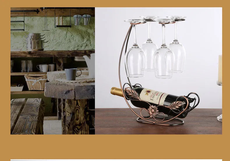 Iron wire goblet shelf holding four wine glasses in bronze finish on a wooden cabinet