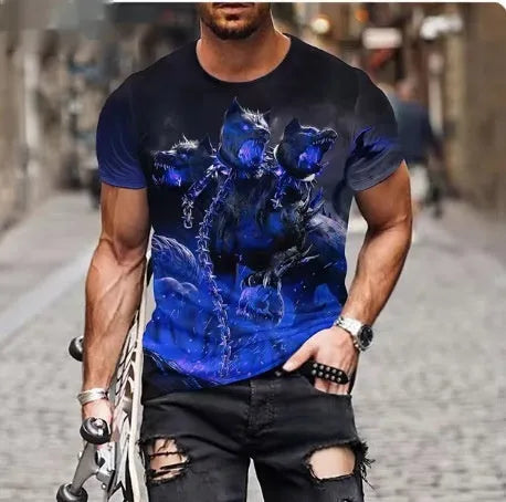 Men's black T-shirt with a large, textured 3D lion graphic print on the chest.