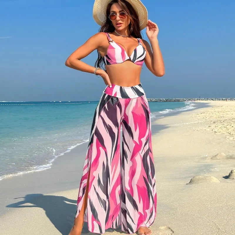 Women's swimsuit three-piece bikini set in quick-drying polyester fabric.