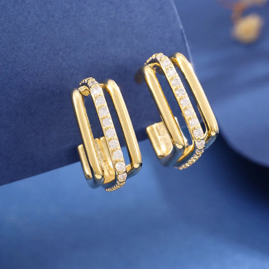 Gold electroplated three-layer square stud earrings with unique geometric design