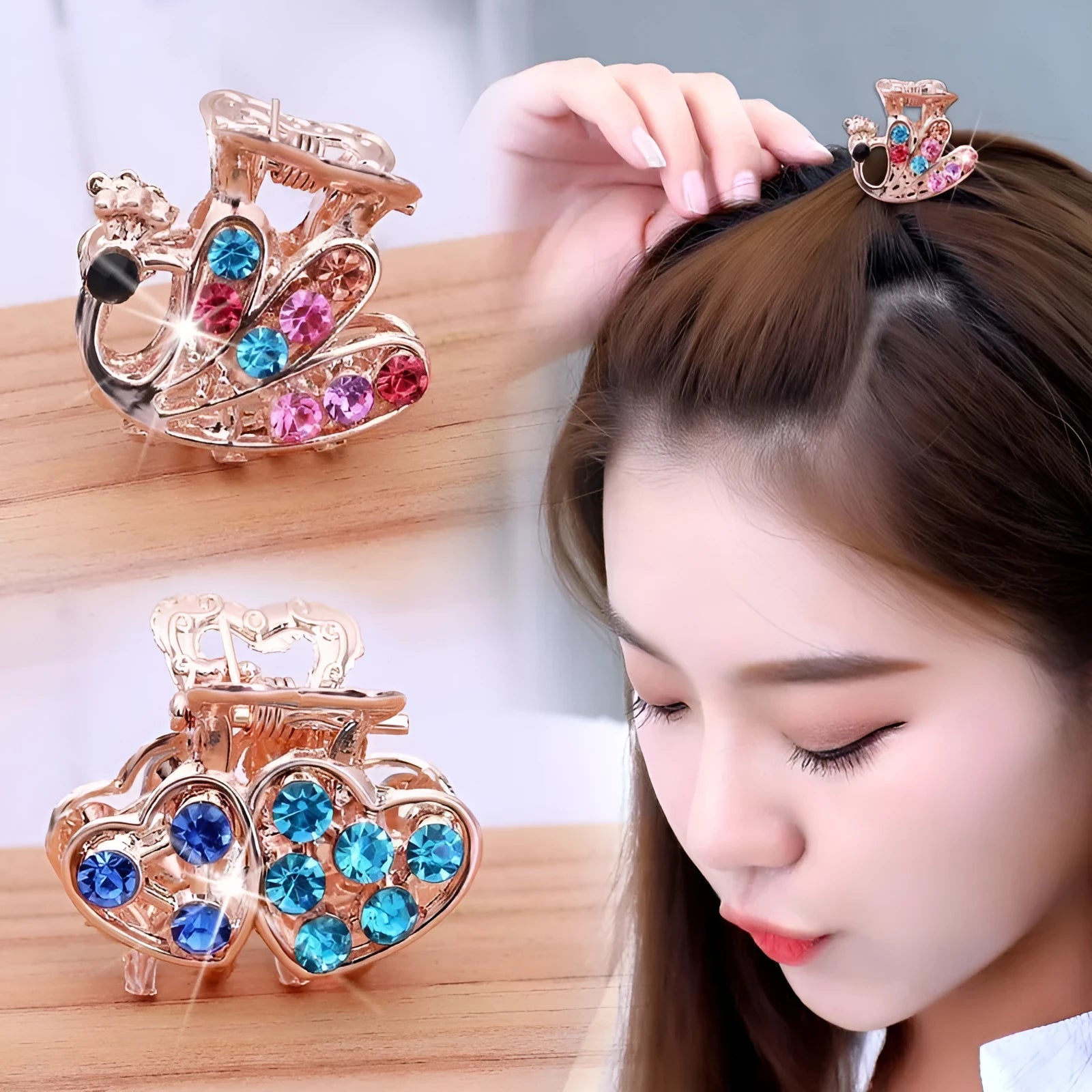 Set of 5 alloy butterfly clasp hairpins in colours Apple Butterfly Cherry Heart Leaf Peacock