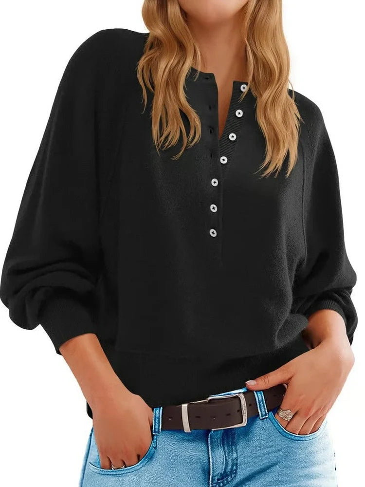 Women's knitted V-neck sweater with loose lantern sleeves in Army Green colour