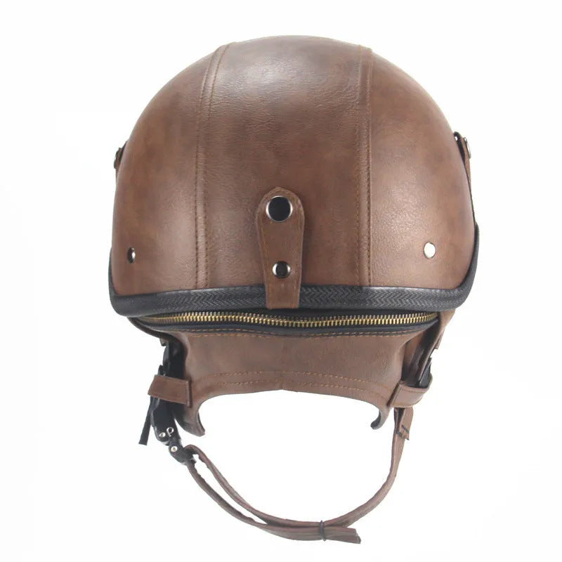 Retro leather half helmet for cruiser motorcycles in black colour showing ABS construction
