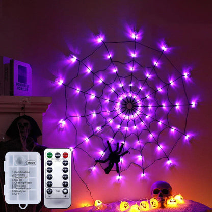 Spooky Halloween spider web string lights with 70 LED lights and realistic furry spider, perfect for indoor or outdoor decoration