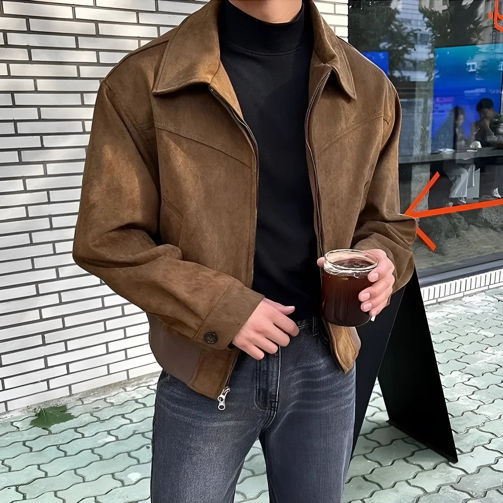 Loose fit Hong Kong style short jacket in brown suede fabric with lapel collar, front view