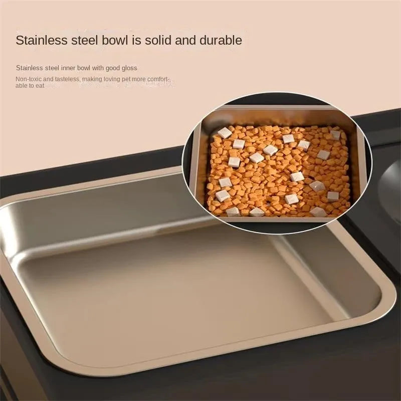 Black adjustable-height dog feeding stand with two stainless steel bowls on a non-slip plastic base.
