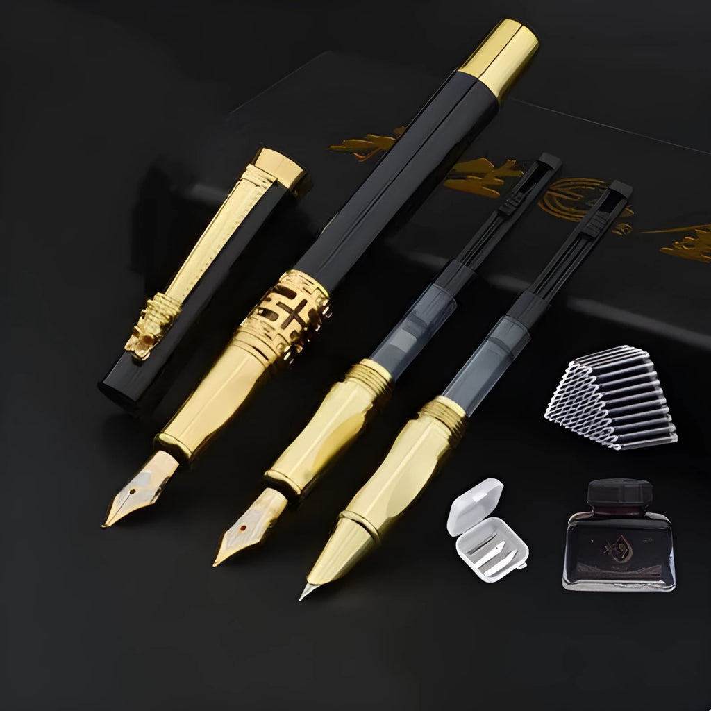 Student calligraphy pen set with iridium nib and non-carbon ink in gift box, black blue gold colours, metal holder