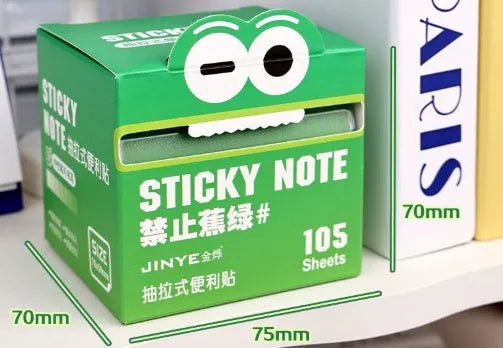 Box of pearl gradient transparent sticky notes with pull-out design, showing six colour options.