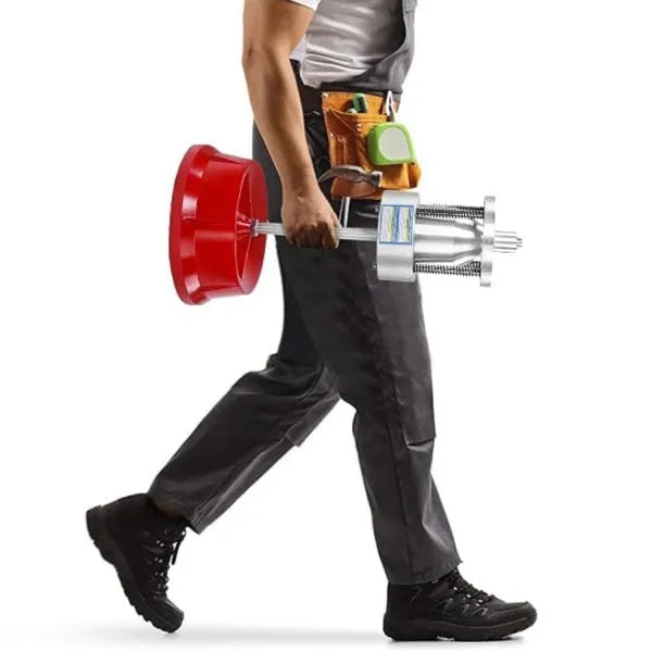 Portable aluminium hub wheel balancer with bull's eye level on enamel base.