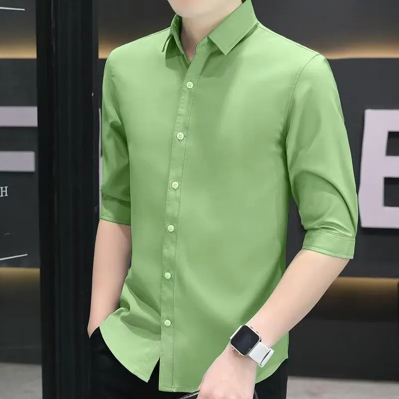 Men's slim-fit half-sleeve linen blend shirt in a solid colour on a hanger.