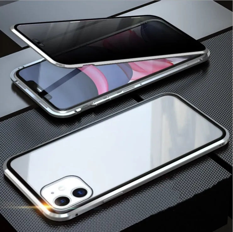 Double-sided tempered glass magneto clamshell phone case for iPhone with anti-peeping function in black colour