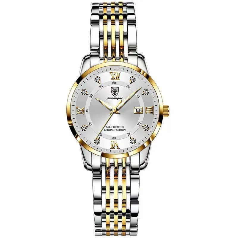 Women's waterproof luminous quartz watch with sapphire crystal glass mirror, stainless steel strap, and butterfly buckle on white background