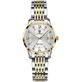 Women's waterproof luminous quartz watch with sapphire crystal glass mirror, stainless steel strap, and butterfly buckle on white background