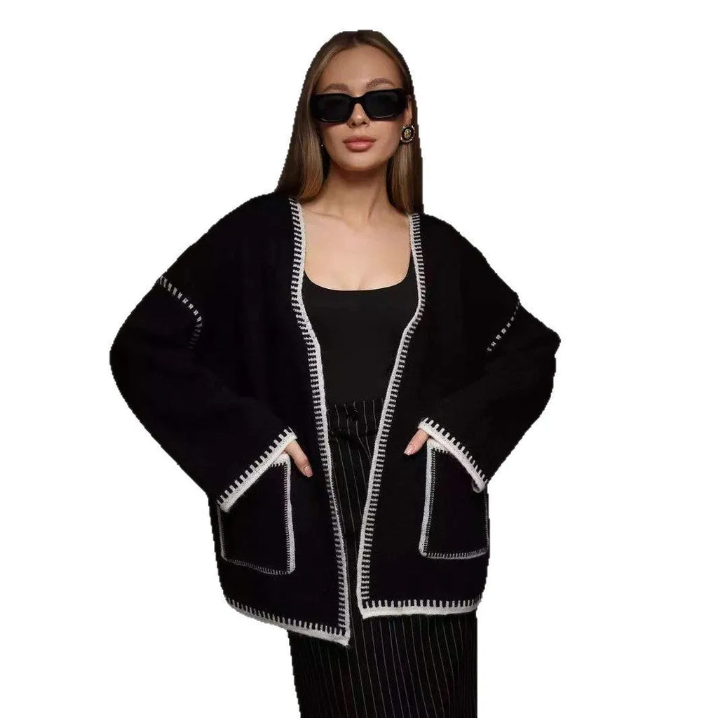 Loose lace-up knitted cardigan sweater coat in thick imitation cashmere fabric