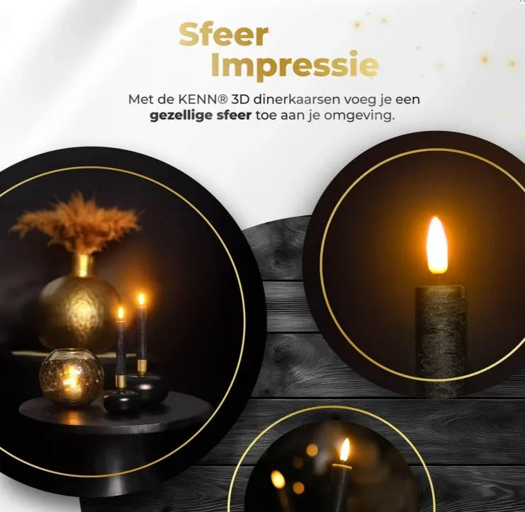 Set of four tall black LED taper candles with realistic flickering 3D flame tips.