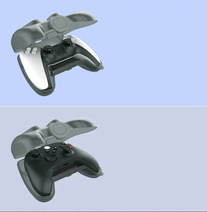 Transparent grey hard plastic game controller protection and storage case.