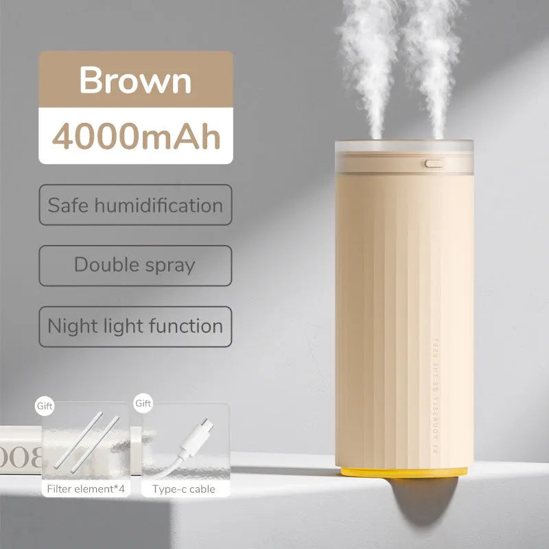 Small 500ml desk humidifier with night light and two fog outlets, USB powered, in Earth Brown