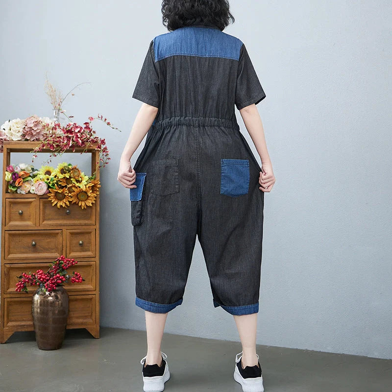 Women's Drawstring Denim Jumpsuit in blue and black with wide legs and cropped length