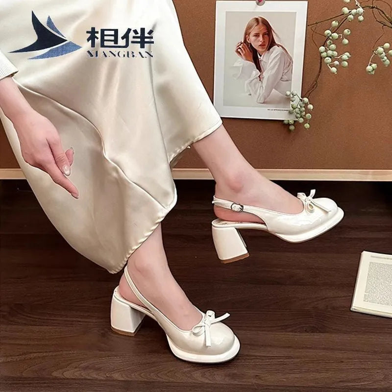 White bow satin toe cap slingback sandals with 6-8cm heel for women