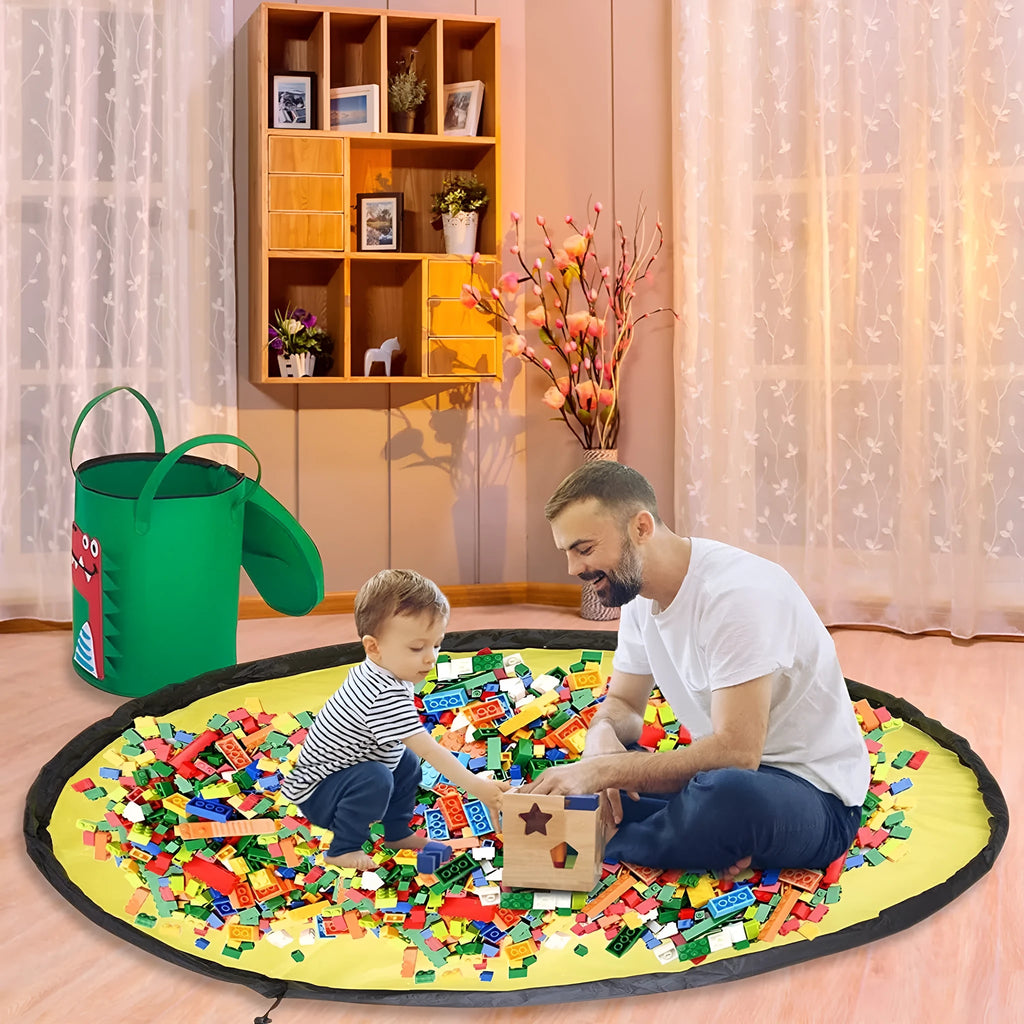 Green felt cube storage bag with pull rope, laid flat as a play mat and gathered into a bag.