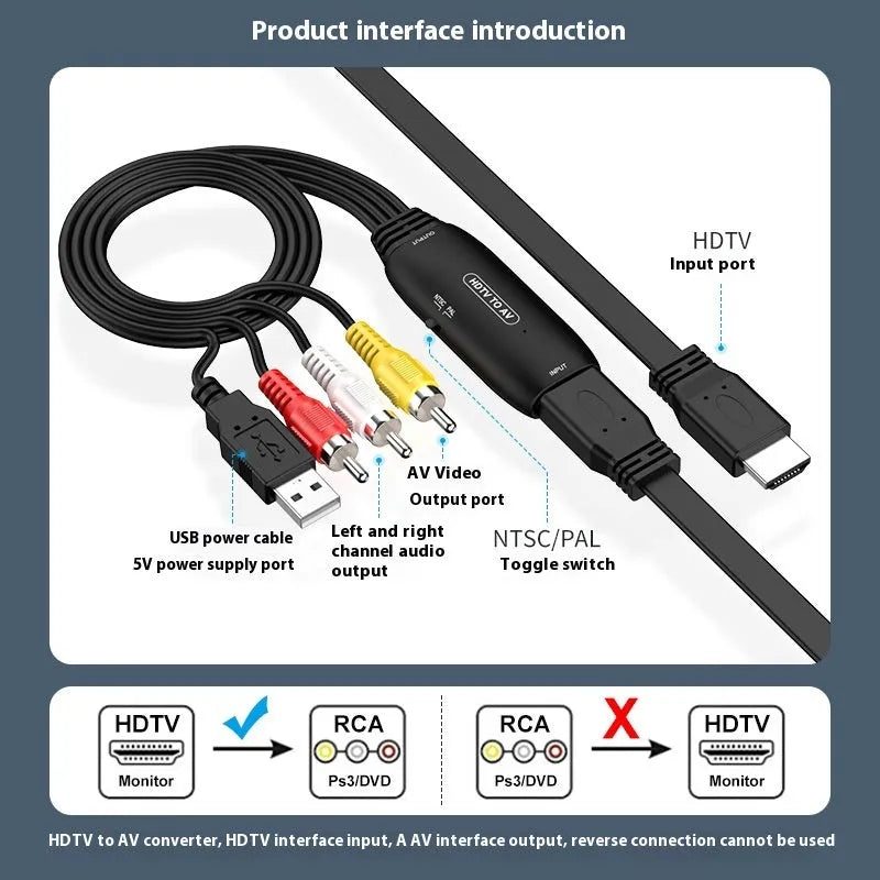 Black HDMI to AV converter cable with 110cm length for video signal transfer