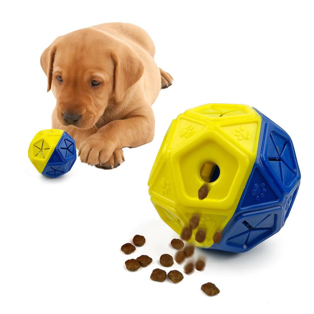 Blue interactive dog puzzle ball with hollow interior for treat dispensing