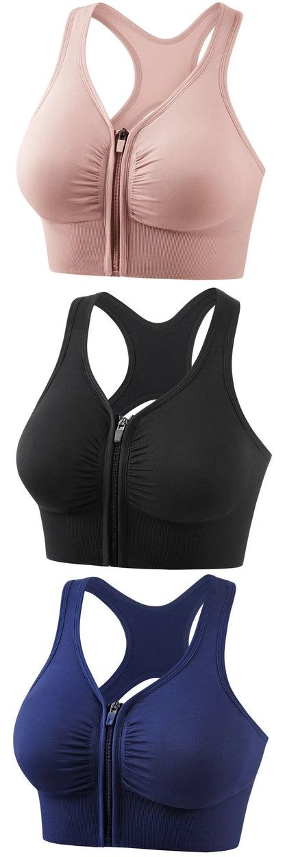 Plus size shockproof sports bra in pink, black, navy blue, and bean paste for running and yoga