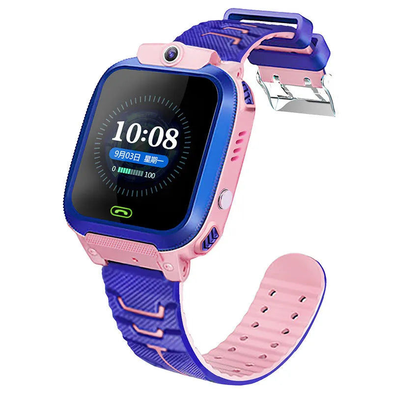 Blue children's waterproof phone watch with 1.44-inch screen showing GPS tracking interface