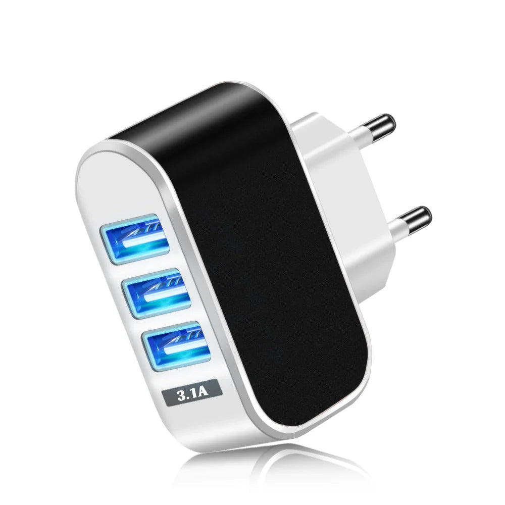3USB Candy Charger with luminous indication for European sockets, available in multiple colors