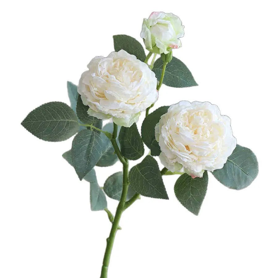 Three-head artificial silk rose with baked edge finish in beige for wedding decor and home decoration