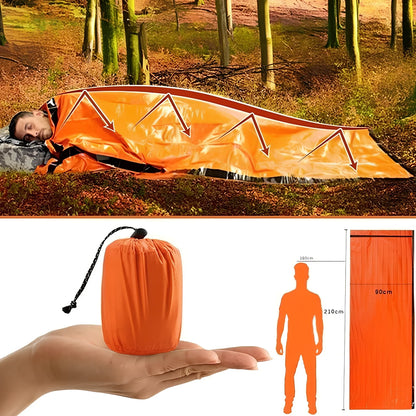 Orange aluminized emergency sleeping bag unfolded 203x90 cm, waterproof PE material for outdoor adult use