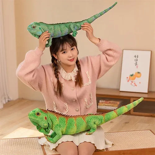 Green lizard plush toy pillow in emerald green with short plush fabric, 65cm height