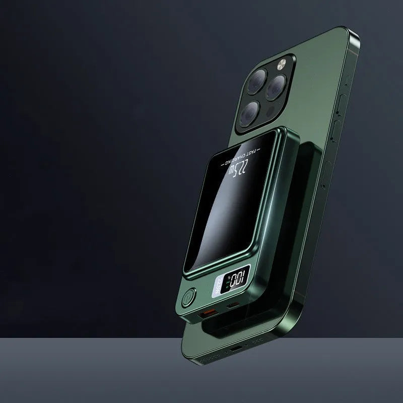 Ultra-thin magnetic suction power bank with PD22.5W fast charging, in green, 98 x 64 x 15mm
