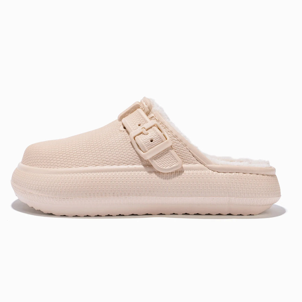 Beige indoor women's cotton slippers on floor, round head, EVA sole, half-pack heel