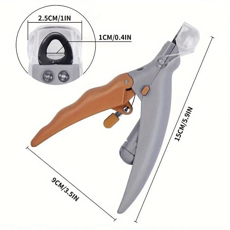 Yellow LED pet nail trimmer with magnifying glass and hardened steel blades for cats and dogs.