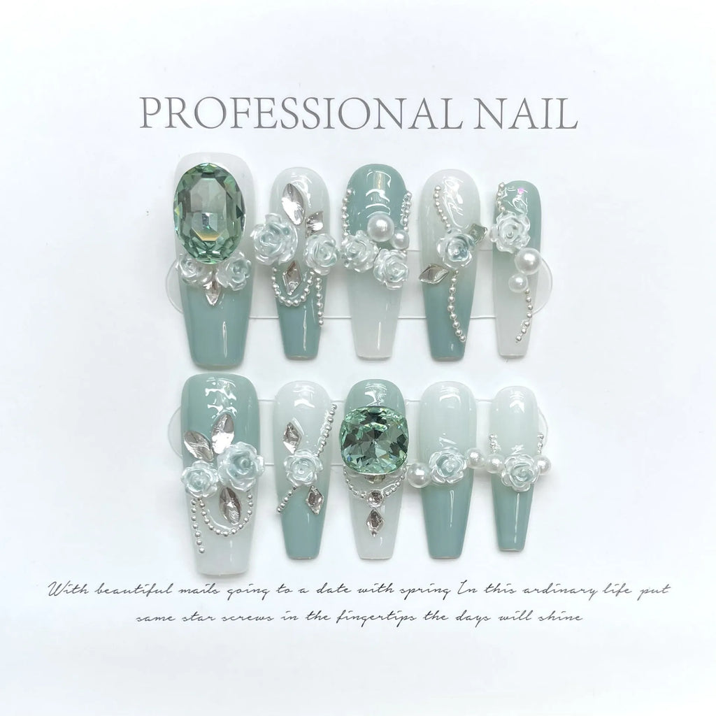 Wear Armor Green full diamond camellia gradient chain nail stickers with bow and butterfly patterns