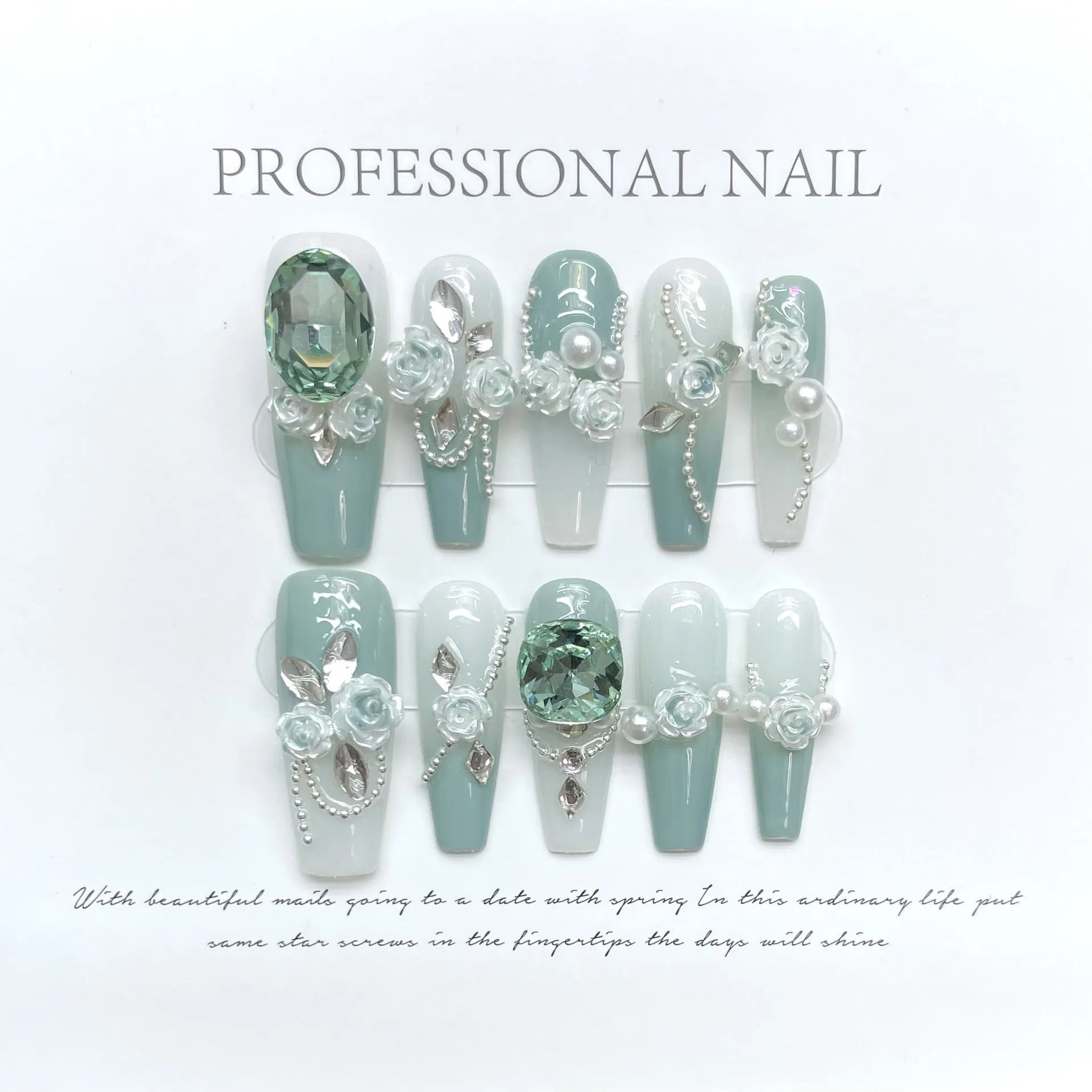 Wear Armor Green full diamond camellia gradient chain nail stickers with bow and butterfly patterns