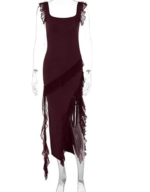 Backless, spaghetti-strap cocktail dress with thigh-high slit in various vibrant colors