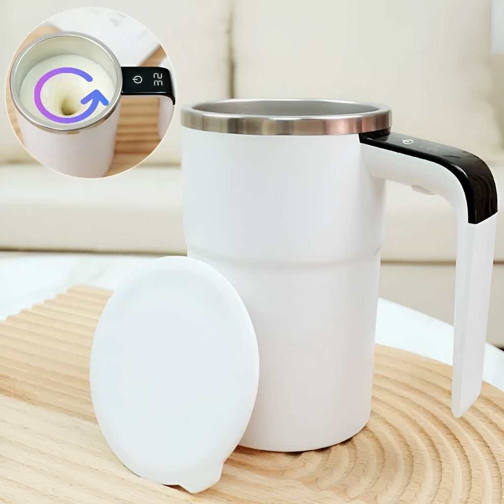 Black or white automatic stirring coffee mug with LCD display and USB charging cable