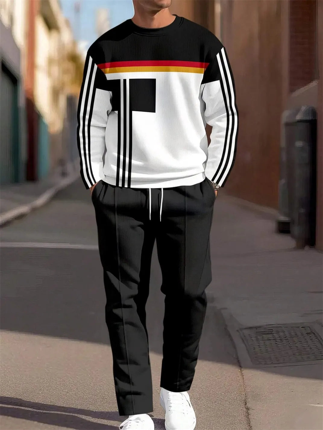 Men's casual sporty round neck sweatshirt and pants two-piece set in polyester blend, no hood, spring autumn wear