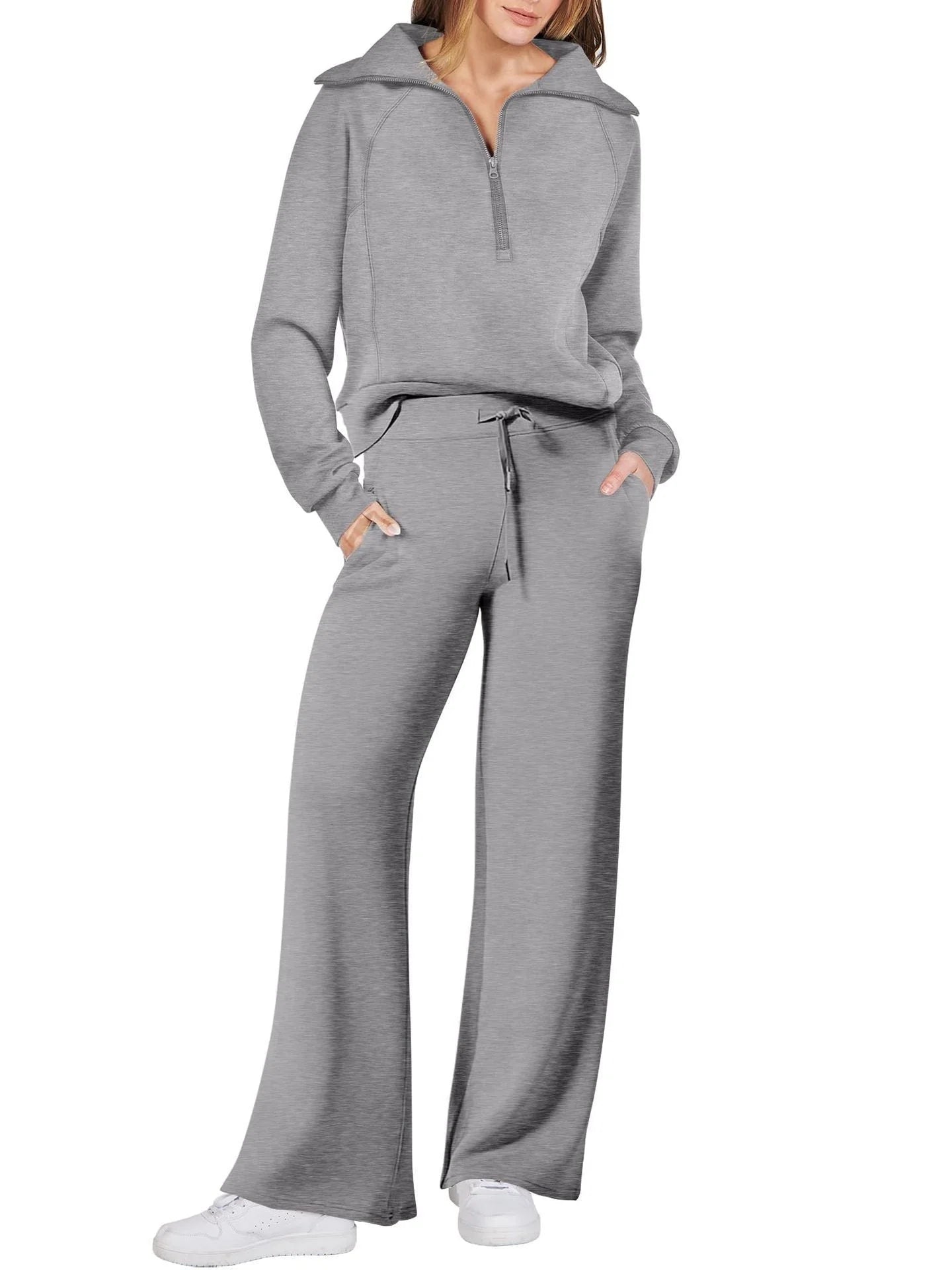 Women's leisure sports suit with long-sleeve zipper sweatshirt and wide leg pants in various colours