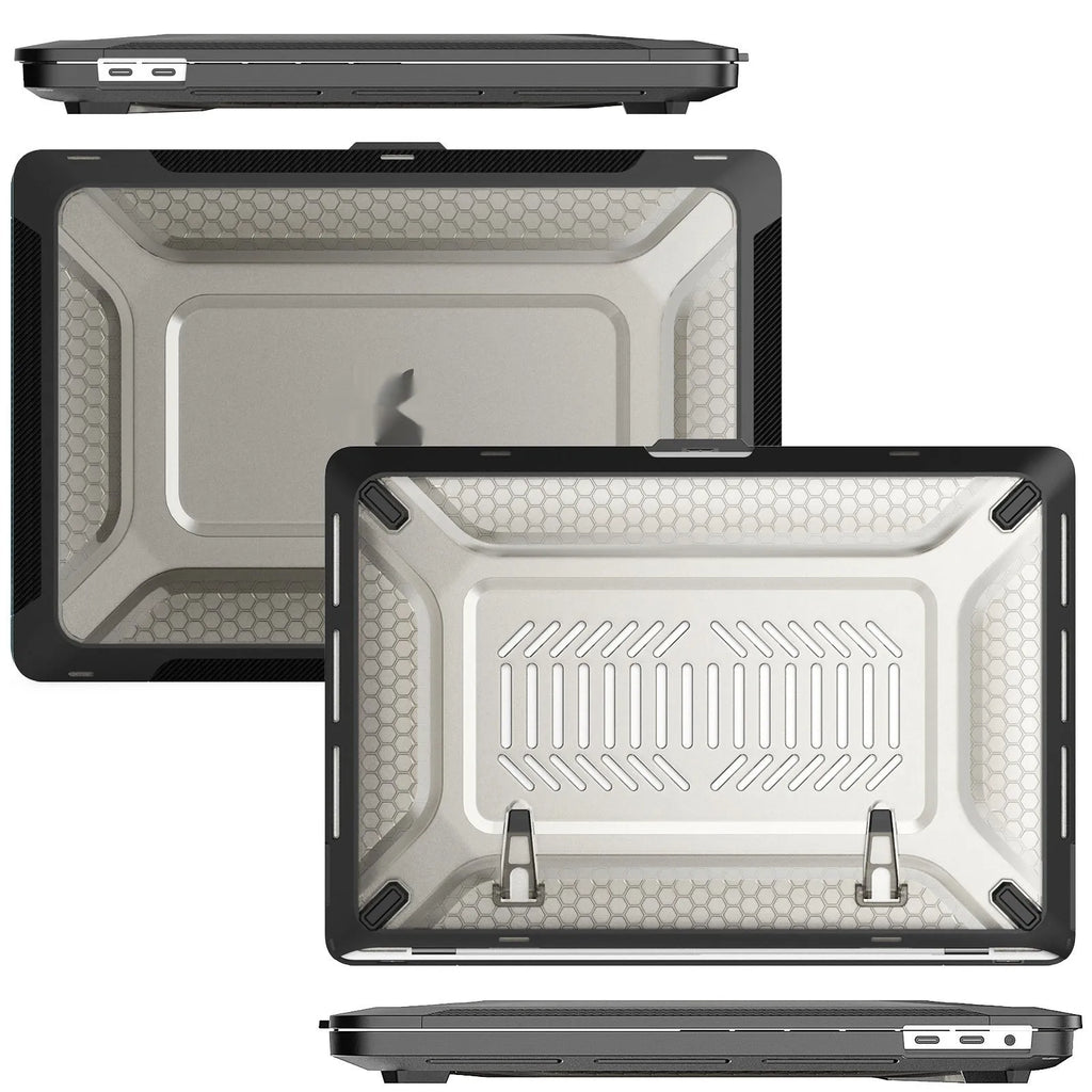 Hard protective shell case for MacBook laptop in cool black, starry grey, apricot, and blue colour options.