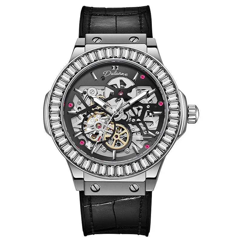 Men's automatic mechanical watch with diamond studs on a hollow dial, shown in a 16mm case.