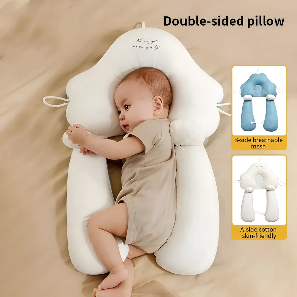 U-shaped baby head pillow in pure cotton, shown in blue and pink colour options.