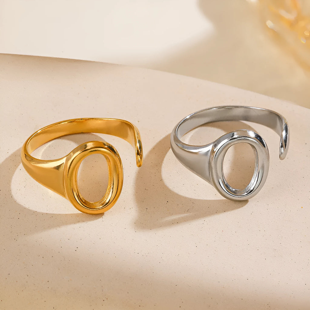 Oval ins style electroplating adjustable stainless steel ring for women, gold colour, geometric shape