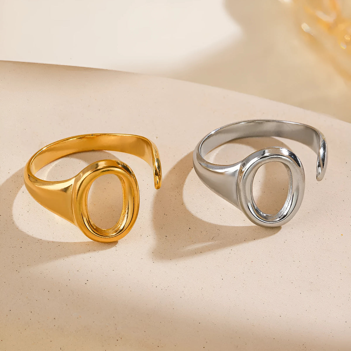 Oval ins style electroplating adjustable stainless steel ring for women, gold colour, geometric shape