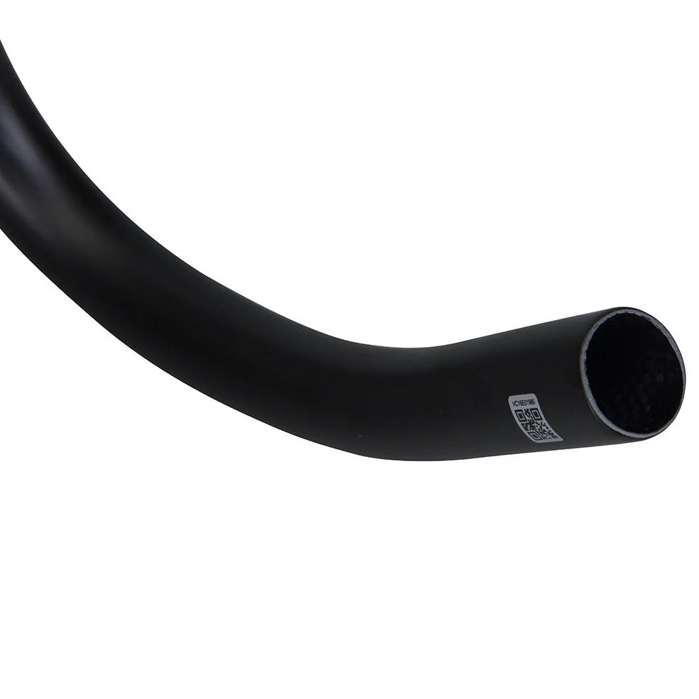 Black carbon fibre bicycle handlebar with bent design showing 125mm vertical rise measurement