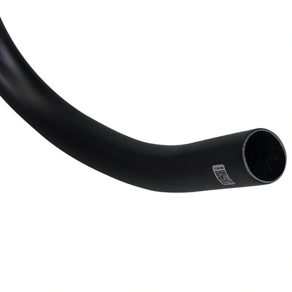 Black carbon fibre bicycle handlebar with bent design showing 125mm vertical rise measurement